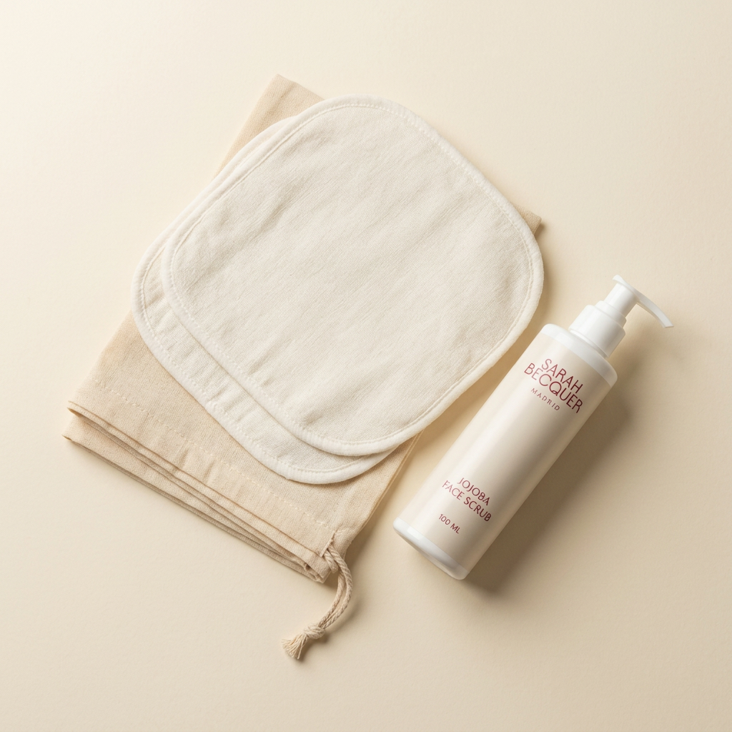 Jojoba Face Scrub con bolsa doblada y dos muselinas