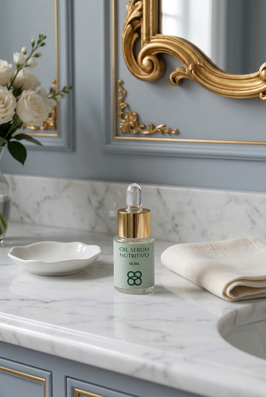 Oil Serum Nutritivo en un encuadre cercano del tocador con proporciones más naturales