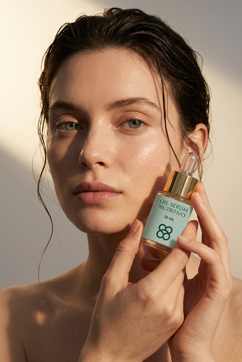 Propuesta del Oil Serum Nutritivo con modelo y luz cálida